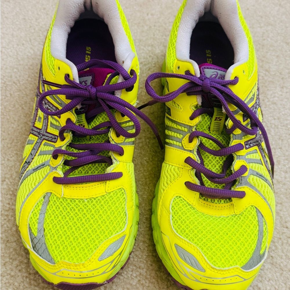 ASICS Women's Gel Nimbus 15 Neon Yellow and Purple Running Shoes 🦄 - Picture 2 of 5